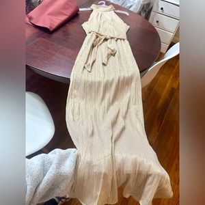 Formal dress, gold-champagne, shimmer, size 12, elegant, flattering, & forgiving